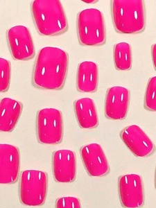24pcs Short Square Hot Pink Fake Nail False Nails Press On Nails Glue On Nails - Picture 1 of 6