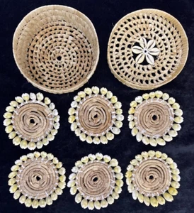 Rattan Cowrie Drink Coasters- Set of 6- Polynesia- Hawaii- Tiki Beach Bar Decor - Picture 1 of 8