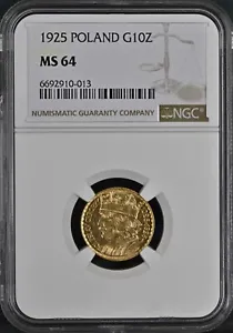 POLAND , GOLD 10 ZLOTYCH 1925 - NGC MS 64 , RARE11 - Picture 1 of 2