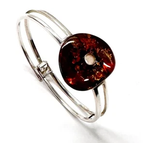 Bonito brazalete de diseño de ámbar báltico coñac natural plata esterlina sólida 925 de 7 in - Imagen 1 de 5