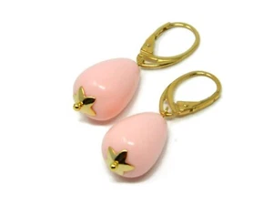 Orecchini monachella dorata gocce di pasta di corallo rosa e coppette a fiore - Foto 1 di 5