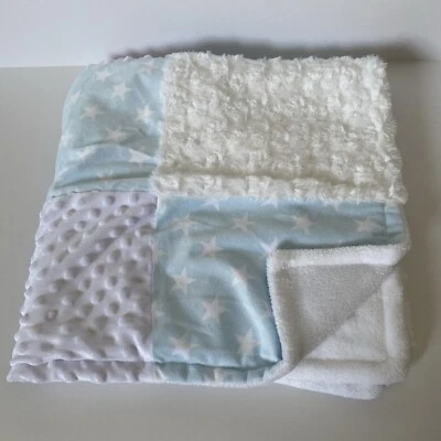 Baby Essentials Blue Chenille Stripes Swirls White Minky Dot Blanket Patchwork - Image 1 of 4