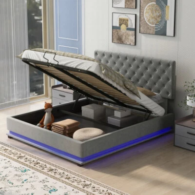 Modernos marcos de cama con plataforma acolchada tapizados LED tamaño queen cama de almacenamiento elevadora Foto 1 de 4
