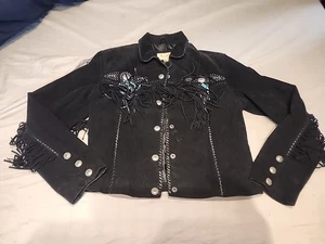 SCULLY Western Statement Black Suede Leather Fringe Jacket Silver Concho Beaded - Bild 1 von 8