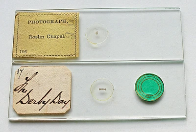 Pair   ANTIQUE  MICROPHOTO  MICROSCOPE SLIDES,  THE DERBY DAY  &  ROSLIN CHAPEL - Image 1 of 3