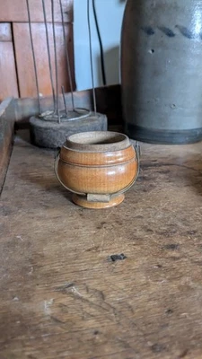 Antique Primitive Country Old Wood Treen Salesman Bail Handle Jar 2" - Image 1 of 4