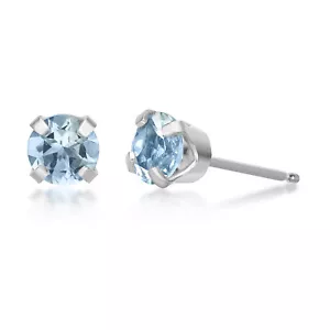 14K White Gold Round Aquamarine Stud Earrings for Women with Push Backs - 4 mm - Picture 1 of 8