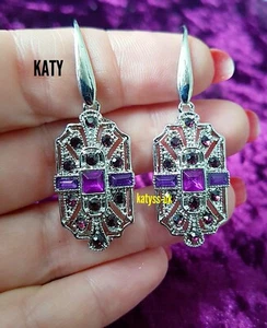 1 Pair Vintage Art Deco Look Drop Earrings Purple Baguette Stone Silver Tone - Picture 1 of 6