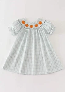 Girl's Boutique Cotton Green Pumpkin Checkard Embroidered Dress Matching Sibling - Picture 1 of 8