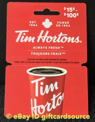 TIM HORTONS 2020 $15 - $100 Always Fresh RED CUP HANGER GIFT CARD Canada FD69683 - Image 1 of 2