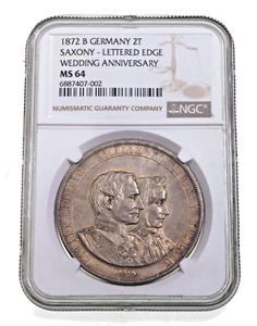 1872 German States SAXONY 2 Taler Golden Wedding Anni. in MS 64 By NGC KM 1231.1 - Picture 1 of 4