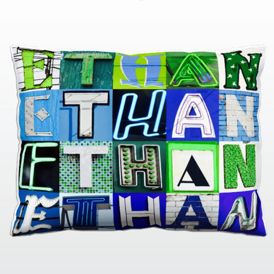 Personalized Pillow featuring the name ETHAN in photo of BLUE/GREEN sign letters - Image 1 of 1