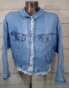Customized Vtg Levi’s USA Womens Distressed Blue Jean Denim Trucker Jacket sz M - Picture 1 of 17