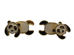 Gold Tone Panda Convertible Pierced Earrings Black White