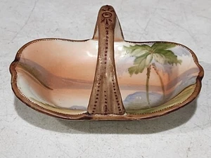 Antique Hand Painted PALM TREE DESERT Nippon Porcelain Mini Trinket Basket - Picture 1 of 4