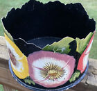 Vtg Hand Painted Black Metal TOLEWARE Round Cachepot Scalloped Floral Planter