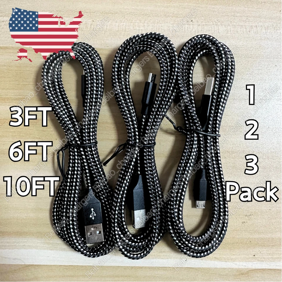 Cable micro USB de 3/6/10 pies de carga rápida para cargador Android Samsung S7 S6 S5 S4 S3 Foto 1 de 4