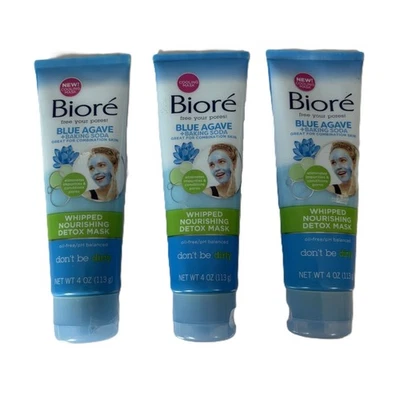 (3) Biore Blue Agave & Baking Soda Whipped Detox Mask 4oz Discontinued New - Image 1 of 4