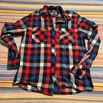 Eighty Eight Men's Medium Red Black Blue Plaid Long Sleeve Button Up Shirt - Image 1 of 4