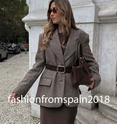 ZARA NEW WOMAN HERRINGBONE BELTED BLAZER JACKET TAUPE BROWN XS-XL 4387/263/707 - Image 1 of 4