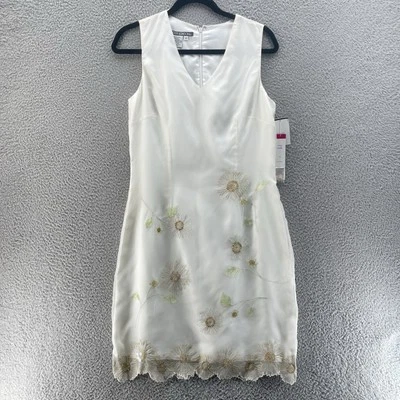 Maggy London Silk Dress Women 8 White Bodycone Embroidered Y2K Old Money Preppy* - Image 1 of 4