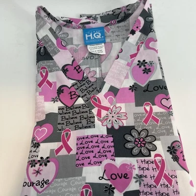 Scrub H.Q. Women Top Size XL Beat Breast Cancer Pink V Neck 3 Pockets - Image 1 of 4