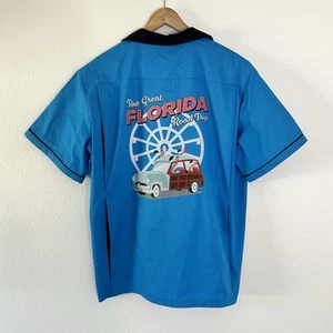 New HILTON Retro Bowling Shirt Blue L Cotton/Polyester Icon Park Orlando - Picture 1 of 7