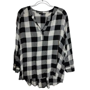 Jane & Delancey Black Plaid Peplum Top Plus Size 1X 3/4 Sleeve High Low - Picture 1 of 6