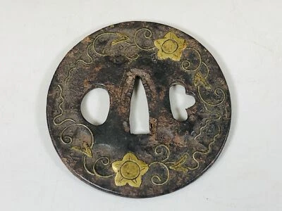 Y5575 ЦУБА Латунная Инкрустация меч охранник Япония самурай катана koshirae edo антикварный - Изображение 1 из 4