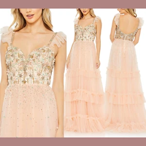 NWT $598 Mac Duggal [ 6 ] Floral Ruffle Beaded Bodice Gown in Apricot Fairy #J58 - Picture 1 of 17