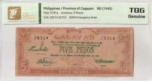 1945 Philippines 5 Pesos Pick#S191a TQG Genuine - Picture 1 of 2