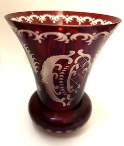 Vintage Ruby Red Cut to Clear Crystal Large Bohemian Glass Vase - 4.75" TALL - Picture 1 of 5