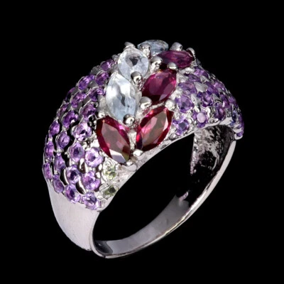 925 Anello Argento Sterling Taglio Marquise Acquamarina Ametista Gemma 8.5 - Immagine 1 di 4