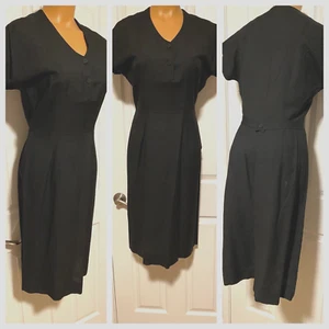VTG 60's NELLY DON CLASSIC BLACK DRESS LINEN W/ BACK BELT RAT PACK RETRO - M-L - Picture 1 of 11