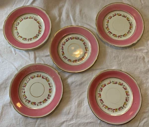Pink Gold Floral Early Soft Paste Salad Dessert Plates Lot Set 5 Scallop Roses - Picture 1 of 12