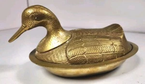 Vintage Brass Duck Candy Dish Trinket Box Bird Covered Bowl Art Deco - Picture 1 of 17