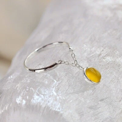 D10 Anello Gialli Calcedonio An Catenina Argento Sterling 925 - Immagine 1 di 4