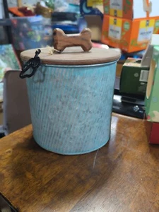 Galvanized Blue Dog Treat Canister Wood Lid Farmhouse Look - Picture 1 of 6