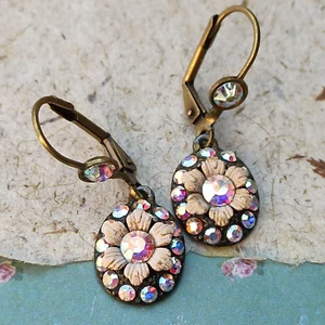 Michal Negrin Earrings Aurora Borealis Oval Pink Flower & Swarovski Crystal Gift - Picture 1 of 13
