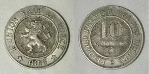 1863 Copper-Nickel Coin Belgium 10 Centimes Rampant Lion Facing Left Leopold I - Picture 1 of 5