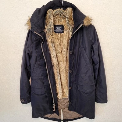 Abercrombie & Fitch Parka Chaleco Forro Imitación Piel Chaqueta Abrigo Negro S Mujer Con Capucha Foto 1 de 4