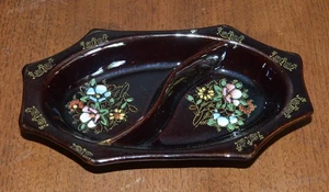 VTG Brown Glaze Hand Painted Floral Divided Tray Japan Redware Pottery - Picture 1 of 9