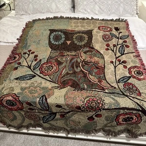 Milo Owl Fringed Multi-Colored Floral 50" x 60" Woven Tapestry Throw Amazing!! - Picture 1 of 5