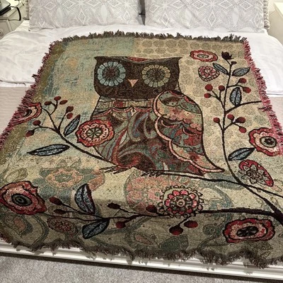 Milo Owl Fringed Multi-Colored Floral 50" x 60" Woven Tapestry Throw Amazing!! - Image 1 of 4