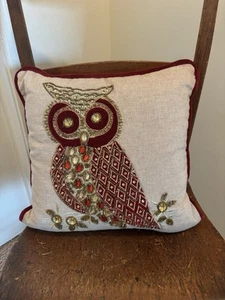 Pier 1 Imports Beige Red Velvet Trim Sequined Beaded Owl Accent Pillow 14" x 14" - Picture 1 of 8