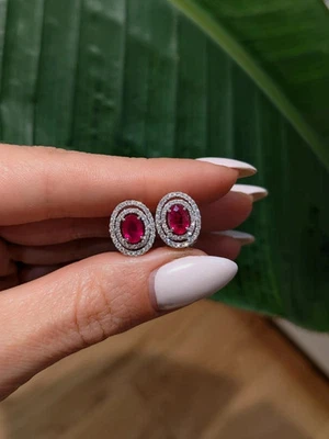 2.50 Ct Oval Cut Natural Red Ruby & Diamond Earring Stud 14K Solid White Gold - Image 1 of 3
