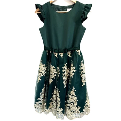 Rare Editions Christmas Holiday Dress Satin Lace Party Girls 16 Green Gold - Image 1 of 4