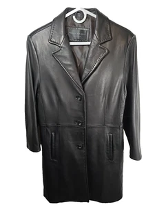 Reilly Olmes Womens Medium Black Mid Length Leather Walking Coat Jacket - Picture 1 of 8