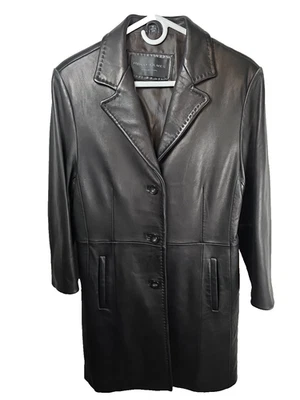 Reilly Olmes Womens Medium Black Mid Length Leather Walking Coat Jacket - Image 1 of 4