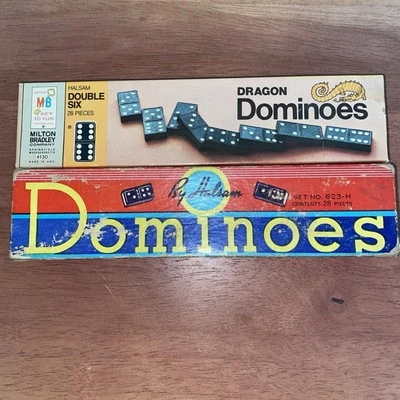 Vintage Halsam Domino Sets Milton Bradley 28 pcs Wood Carved Dragon Floral - Image 1 of 4